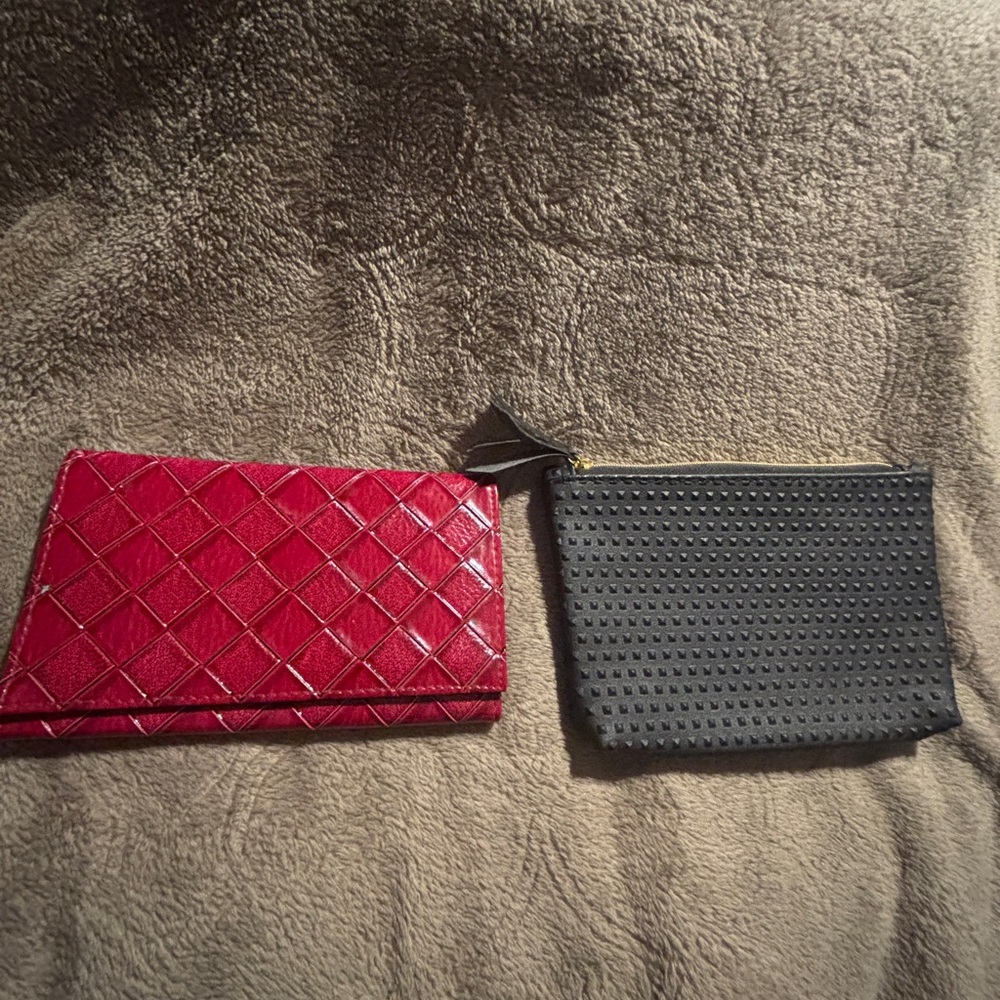 Estée Lauder Red Snake skin Embossed Leather wallet and ESPY Black Makeup bag.